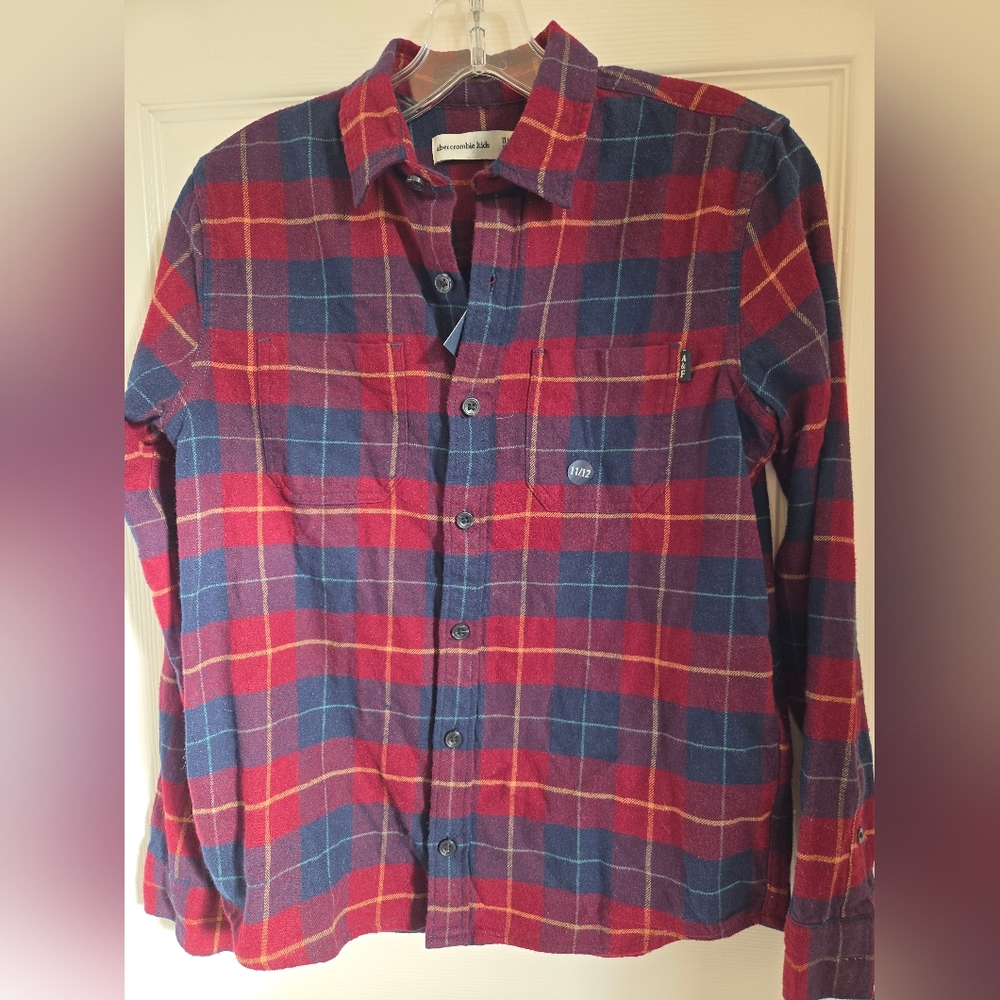 NWT Abercrombie Kids Sz. 11/12 Plaid Flannel Shirt, Red And Navy, Thick And Soft